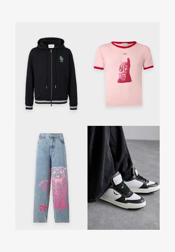 Zwarte hoodie met ritssluiting, trekkoorden, witgestreepte manchetten en zoom, en een klein groen dinosauruslogo met de tekst "ICEBERG" op de linkerborst.; Lichtroze T-shirt met korte mouwen en rode bies, met een rode abstracte afbeelding met ogen, handen, lippen en het woord 'Ram' boven het ontwerp.; Lichtblauwe jeans met wijde pijpen en een grote roze afbeelding van een gestileerd dier en het woord "ICECREAM" op het rechtervoorbeen.; Zwart-witte hoge sneakers met een gestructureerde zwarte vetersluiting, gemaakt van leer en synthetisch materiaal, met een logo aan de zijkant.