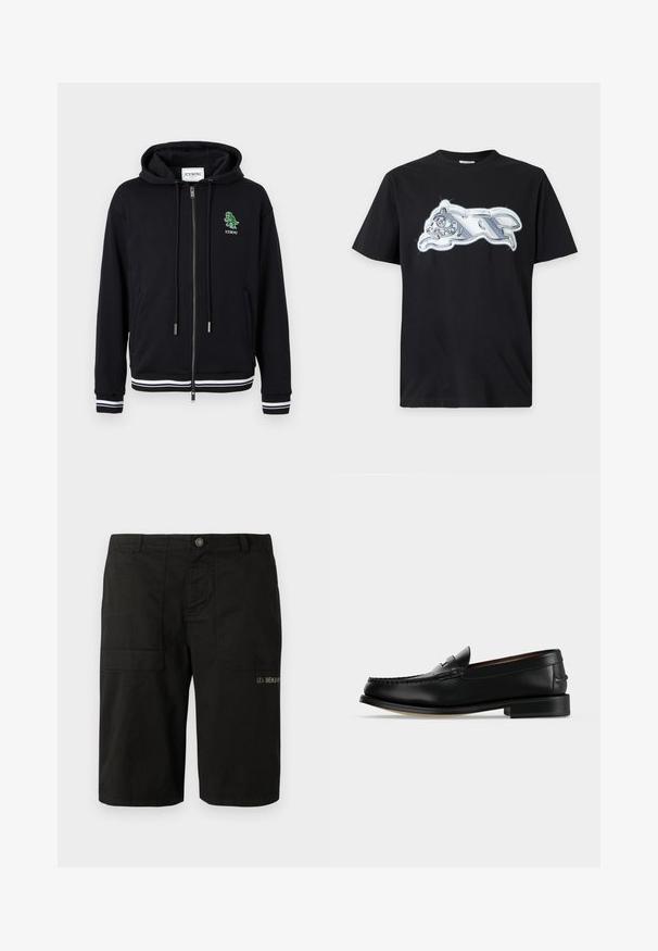 Hoodie zippé noir avec cordons, poignets et ourlet à rayures blanches, et petit logo dinosaure vert avec le texte "ICEBERG" sur le côté gauche de la poitrine.; T-shirt noir à manches courtes avec un graphisme métallique argenté brillant représentant un animal courant sur la poitrine.; Shorts cargo noirs en coton, avec fermeture à bouton, deux poches latérales et broderie discrète "LES BENJAMINS" à l'avant.; Mocassin homme en cuir noir avec un petit talon et une couture de style mocassin sur l'avant, vu de côté sur un fond uni.