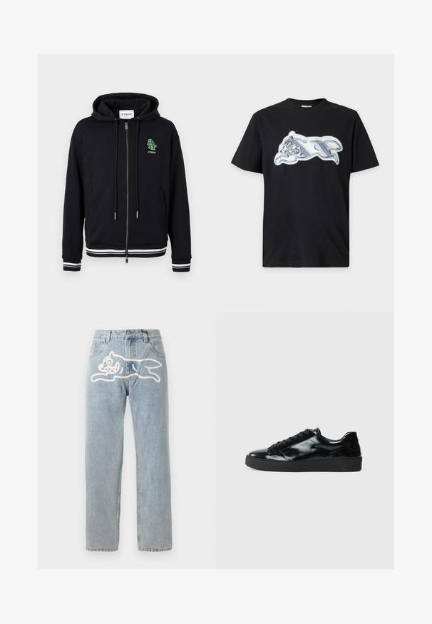 Sort lynlåshoodie med snørrelukning, hvidstribede ærmeender og kant, samt en lille grøn dinosaurlogo med "ICEBERG"-tekst på venstre bryst.; Sort t-shirt med korte ærmer med en skinnende sølvmetalisk grafik af et løbende dyr på brystet.; Lyselavendel denim jeans med en lige pasform, der har et stort hvidt grafik af en kat på ryggen. Klassisk fem-lommers design.; Sorte laklæder sneakers med rund tå, snørredesign, tekstureret gummisål og en glat overflade.