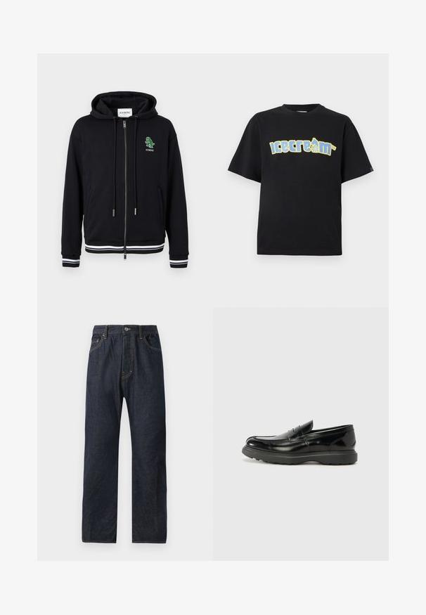 Zwarte hoodie met ritssluiting, trekkoorden, witgestreepte manchetten en zoom, en een klein groen dinosauruslogo met de tekst "ICEBERG" op de linkerborst.; Zwart T-shirt met korte mouwen, voorzien van een grote gele en blauwe "icecrem" afbeelding met een schaatsfiguur. Zacht, gladde stof; relaxte pasvorm.; Donkerblauwe denim jeans met een rechte pijp, voorzien van vijf zakken, subtiele stiksels en een knoopsluiting in de taille.; Zwarte leren instapper met een glanzende afwerking, een ronde neus, subtiele stiksels en een dikke rubberen zool voor duurzaamheid.