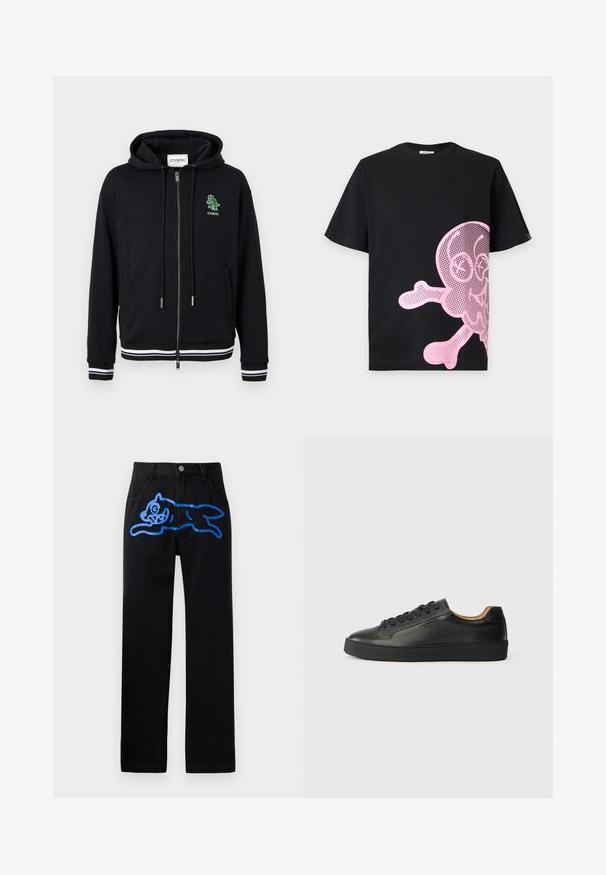 Schwarzer Kapuzenpullover mit Reißverschluss, Kordelzügen, weiß gestreiften Bündchen und Saum sowie einem kleinen grünen Dinosaurier-Logo mit "ICEBERG"-Schriftzug auf der linken Brust.; Schwarzes T-Shirt mit kurzen Ärmeln und einem großen pink gepunkteten Cartoon-Schädel und gekreuzten Knochen auf der unteren rechten Seite bedruckt.; Schwarze Denim-Hosen mit lockerer Passform, die auf der Vorderseite ein lebhaftes blaues Grafikdesign eines springenden Katers zeigen. Klassisches Fünf-Taschen-Design.; Schwarze, niedrig geschnittene Ledersneaker mit strukturierter Oberfläche, schwarzen Schnürsenkeln und dicker Gummisohle, seitlich auf einem hellen Hintergrund dargestellt.