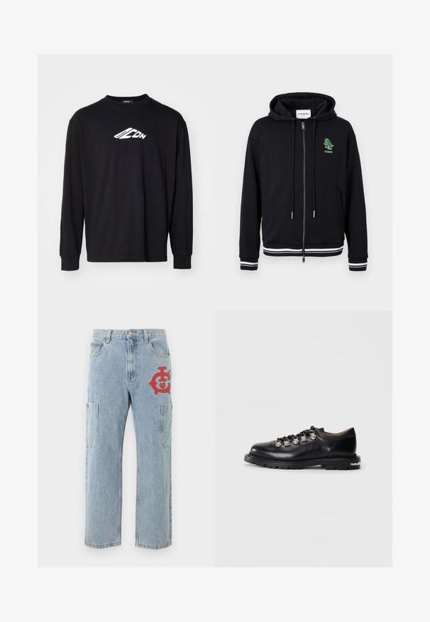 Sudadera con capucha negra con cremallera, cordones, puños y dobladillo con rayas blancas, y un pequeño logo de dinosaurio verde con el texto "ICEBERG" en el lado izquierdo del pecho.; Camiseta de manga larga negra hecha de algodón, con un logo blanco en el pecho. Cuello redondo clásico y puños acanalados.; Pantalones cargo de mezclilla azul claro con bolsillos laterales y un gráfico rojo en el muslo derecho.; Zapato bajo de cuero negro con suela gruesa, ojales de metal, adornos plateados decorativos en los cordones y un dibujo texturizado en la suela.