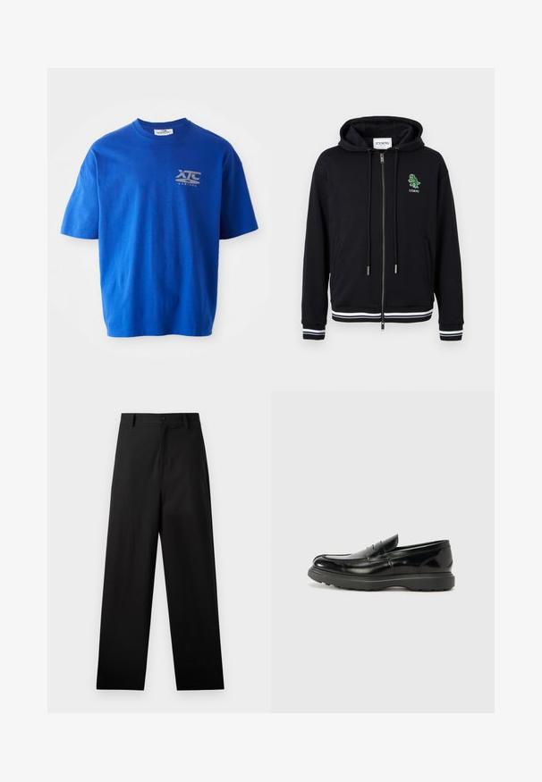 Sort lynlåshoodie med snørrelukning, hvidstribede ærmeender og kant, samt en lille grøn dinosaurlogo med "ICEBERG"-tekst på venstre bryst.; Blå bomulds t-shirt med kortærmer, prydet med et gråt logo på den øverste venstre bryst, rund halsudskæring og en afslappet pasform.; Sorte bukser lavet af bomuld med lige ben-design, der har en frontknaplukning og sidelommer. Glat tekstur, ingen mønstre.; Sort læderloafer med en blank finish, rund tå, subtile syninger og en tyk gummisål for holdbarhed.