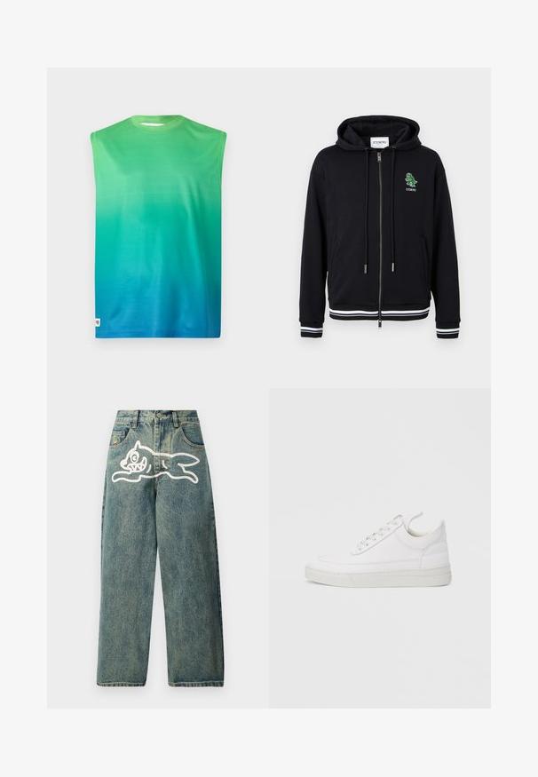 Sort lynlåshoodie med snørrelukning, hvidstribede ærmeender og kant, samt en lille grøn dinosaurlogo med "ICEBERG"-tekst på venstre bryst.; Ærmeløs T-shirt i gradient nuancer fra grøn til blå. Lavet af glat stof med rund halsudskæring og uden synlig hardware.; Lyseblå denimjeans med en løs pasform, der har et stort hvidt kattegrafik på venstre ben og et traditionelt femlomme-design.; Hvid lædersneaker med rundet tå, flad sål og snørebånd foran. Har syningsdetaljer og polstret krave for komfort.