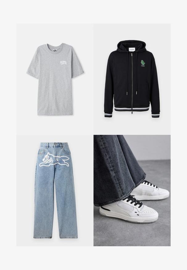 Zwarte hoodie met ritssluiting, trekkoorden, witgestreepte manchetten en zoom, en een klein groen dinosauruslogo met de tekst "ICEBERG" op de linkerborst.; Lichtgrijze T-shirt met korte mouwen en klein wit logo "Billionaire Boys Club" op de linkerborst.; Lichteblauwe denim jeans met een relaxte, wijde pasvorm. Heeft een witte grafische afbeelding van een rennende kat aan de achterkant. Klassiek ontwerp met vijf zakken.; Witte sneakers met zwarte veters en mesh-details. Beschikt over een gladde leren bovenkant en een gestructureerde rubberen zool. Gepaard met brede grijze jeans.