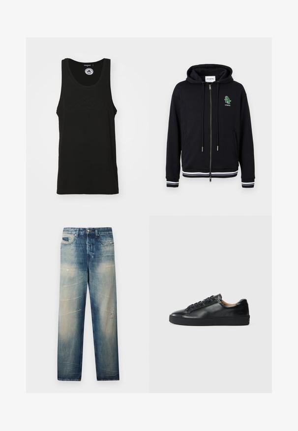 Sudadera con capucha negra con cremallera, cordones, puños y dobladillo con rayas blancas, y un pequeño logo de dinosaurio verde con el texto "ICEBERG" en el lado izquierdo del pecho.; Camiseta sin mangas negra hecha de algodón con escote redondo y detalle de logo en relieve en la parte frontal. Diseño limpio y minimalista.; Vaqueros azules de pierna recta con efecto desgastado, detalles desgarrados, bolsillos delanteros, cierre de botón y cremallera, presentados sobre un fondo liso.; Zapatilla negra de cuero con una textura suave, puntera redonda y cierre de cordones. Presenta una suela de goma gruesa y un detalle de marca mínimo.