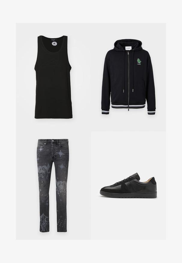 Hoodie zippé noir avec cordons, poignets et ourlet à rayures blanches, et petit logo dinosaure vert avec le texte "ICEBERG" sur le côté gauche de la poitrine.; Débardeur sans manches noir en coton avec un col rond et un logo en relief à l'avant. Design épuré et minimaliste.; Jean skinny noir avec des motifs célestes et angéliques délavés, comprenant des étoiles, des chérubins et des croix, vue de face, fermeture par bouton et zip.; Tiger of Sweden BELLICU - Baskets basses - black