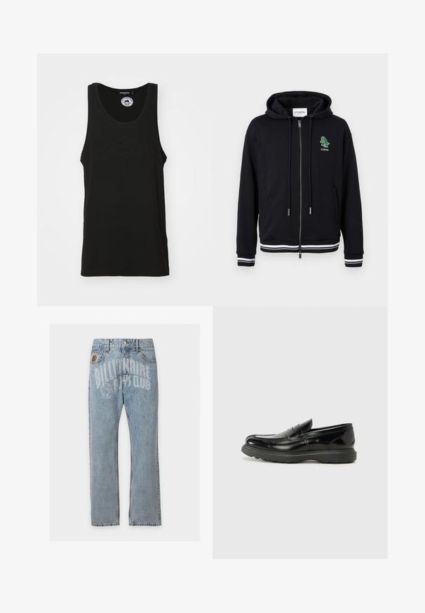 Sudadera con capucha negra con cremallera, cordones, puños y dobladillo con rayas blancas, y un pequeño logo de dinosaurio verde con el texto "ICEBERG" en el lado izquierdo del pecho.; Camiseta sin mangas negra hecha de algodón con escote redondo y detalle de logo en relieve en la parte frontal. Diseño limpio y minimalista.; Vaqueros de denim azul claro con bolsillos delanteros y texto "Billionaire Boys Club" y logo de astronauta impresos en la parte superior delantera.; Mocasín de cuero negro con un acabado brillante, punta redondeada, detalles de costura sutiles y una suela de goma gruesa para mayor durabilidad.