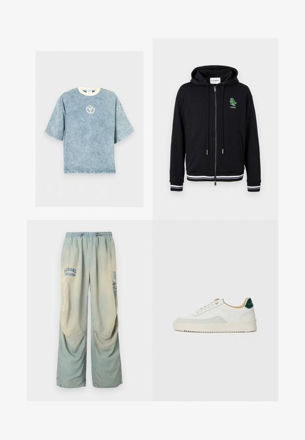 Hoodie zippé noir avec cordons, poignets et ourlet à rayures blanches, et petit logo dinosaure vert avec le texte "ICEBERG" sur le côté gauche de la poitrine.; T-shirt oversize bleu délavé à manches courtes avec une encolure ronde blanche et un petit logo circulaire délavé sur la poitrine.; Pantalon large en denim bleu clair et beige avec taille élastique, cordon de serrage, et logos « Diesel » délavés sur les jambes supérieures gauche et droite.; Baskets blanches avec des accents en daim, bout arrondi, lacets plats et semelle en caoutchouc crème. Présente une marque verte sur le talon.