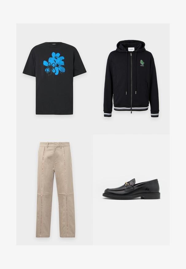 Hoodie zippé noir avec cordons, poignets et ourlet à rayures blanches, et petit logo dinosaure vert avec le texte "ICEBERG" sur le côté gauche de la poitrine.; T-shirt en coton noir avec un grand motif abstrait de fleurs bleues avec des accents noirs, manches courtes et col rond.; Pantalons beiges à coupe droite, avec des rayures latérales en sequins or rose et de subtils détails cousus sur les jambes.; Mocassins en cuir noir avec un embout rond, présentant des accents en métal doré et des détails de couture, montés sur une semelle en caoutchouc texturé et basse.