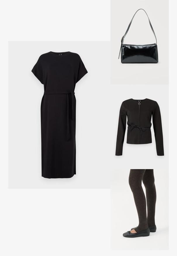 Chaqueta negra de manga larga con cremallera frontal y tirador redondo, con cinturón de tela en la cintura y cuello redondo.; Vestido negro de manga corta con cuello redondo, aberturas laterales y cinturón ajustable en la cintura, hecho de una tela suave y fluida.; Piernas con leggings oscuros acanalados combinados con bailarinas negras que presentan pequeños detalles de lazo sobre un fondo blanco.; Bolso de hombro rectangular negro con una correa ajustable y un cierre de cremallera superior sobre un fondo liso.