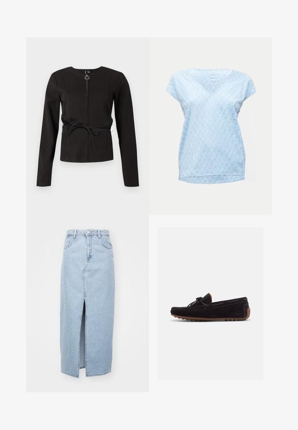 Zwarte jas met lange mouwen, een ritssluiting aan de voorkant en een ronde trekker, voorzien van een stoffen strikceintuur in de taille en een ronde halslijn.; Lichtblauwe blouse met korte mouwen, V-hals en gestructureerd stof met stippenpatroon, iets langere achterkant.; Lichtblauwe denimrok met een voorkap, riemlussen en een klassieke vijf-pocket ontwerp. Soepele textuur met een nette afwerking.; Zwarte suède mocassin loafer met bruine rubberen zool, gestikte details en strikaccent bovenop, zijaanzicht op een witte achtergrond.