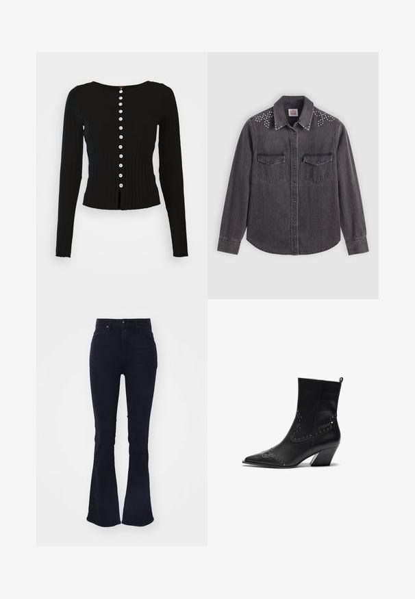 Free People TILLY LONG SLEEVE - Ζακέτα - black; Μαύρο τζιν πουκάμισο με μακριά μανίκια, γιακά τύπου point, δύο τσέπες στο στήθος, ασημί καρφιά στους ώμους, κουμπιά μπροστά.; Σκούρο μπλε καμπάνα τζιν παντελόνι με ψηλή μέση, φτιαγμένο από τζην ύφασμα, διαθέτει κλασικό στυλ πέντε τσεπών και κλείσιμο με φερμουάρ.; Μαύρες δερμάτινες μποτίνες μέχρι τον αστράγαλο με μυτερή μύτη, διακοσμητική σπαστή λεπτομέρεια και χοντρό τακούνι. Λείος υφή με κομψό και εκλεπτυσμένο σχέδιο.