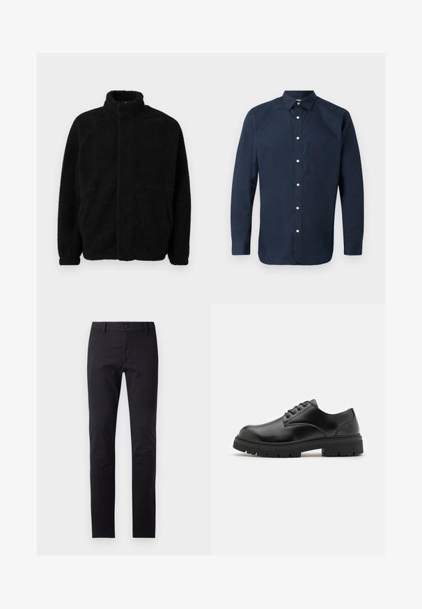 Veste en polaire noire avec col haut, fermeture éclair à l'avant, deux poches latérales, matériau texturé et manches raglan. Design simple et épuré.; Chemise à manches longues bleu marine en coton doux avec un col étalé, une patte de boutonnage à l'avant et des poignets à boutons. Sans motifs visibles.; Pantalons noirs en tissu lisse, présentant une coupe slim, une fermeture à bouton et des poches standard sans motifs ni accents visibles.; Chaussures en cuir noir avec un bout rond, un laçage et une semelle en caoutchouc épaisse et texturée. Présente des coutures le long du bord et une finition lisse.