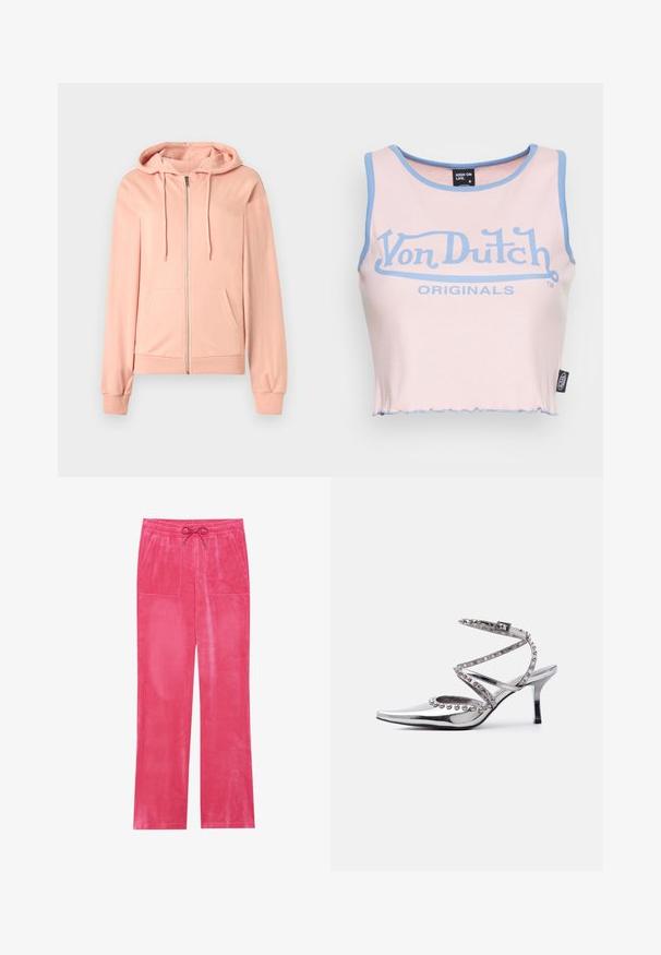 Sweat à capuche rose clair avec fermeture éclair, poches avant, capuche à cordon de serrage, poignets et ourlet côtelés, présenté sur un fond blanc.; Top court en coton rose à côtes avec un bord bleu clair et un grand logo « Von Dutch » bleu. Il présente une finition brute et une étiquette sur le côté.; Pantalons en velours rose avec taille à cordon, deux poches avant, coupe évasée et texture lisse.; Chaussure à talon haut argentée à bout pointu avec bride à la cheville et clous décoratifs en forme de boules argentées sur les lanières et les bords, sur fond blanc.