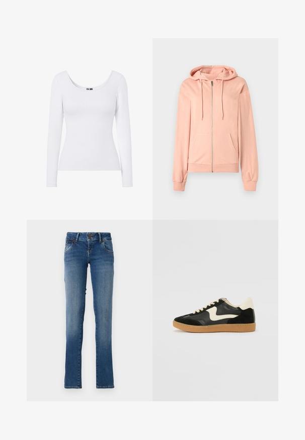 Sudadera con capucha rosa claro con cremallera, bolsillos delanteros, capucha con cordón y puños y cintura acanalados, presentada sobre un fondo blanco.; Top blanco de manga larga con escote en pico y textura acanalada, diseñado para una silueta ajustada. Sin patrones ni acentos.; Jeans de denim azul con un diseño de pierna recta, dos bolsillos frontales y cintura abotonada. Ligera decoloración en los muslos y dobladillo cosido.; Zapatillas de deporte de ante y cuero negro con un swoosh lateral en crema y un talón en crema claro. Presenta cordones beige y una suela de goma marrón.