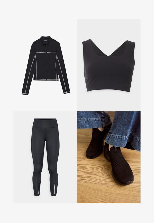 Even&Odd Sweat zippé - black; Crop top noir sans manches avec de larges bretelles et un profond décolleté en V sur un fond clair uni.; Leggings noirs en tissu extensible avec une taille haute, présentant des accents réfléchissants près des chevilles et une texture lisse.; Chaussures noires à enfiler avec un dessus en tricot texturé et une ouverture élastique. Forme de bout arrondi et semelle rembourrée à profil bas, portées avec un ourlet en denim.