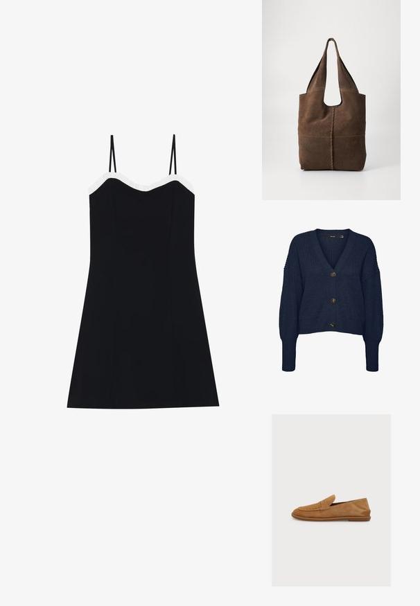 Cardigan en maille grossière bleu marine avec col en V, manches longues, poignets et ourlet côtelés, et trois grands boutons foncés sur le devant.; Robe noire avec des fines bretelles, corsage ajusté et ourlet évasé. Bordure froncée blanche le long de l'encolure. Tissu lisse et léger.; Mocassin en daim beige clair avec une semelle en caoutchouc basse, des coutures apparentes et un détail fente à penny classique, présenté en profil gauche sur fond blanc.; Sac fourre-tout en daim brun avec un design décontracté, présentant deux longues poignées, une couture centrale et une finition brute.