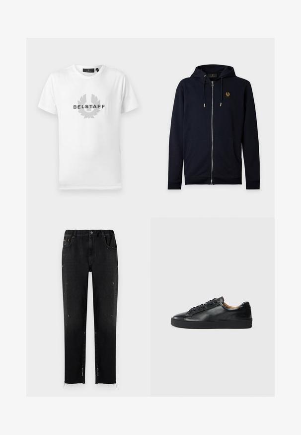 Sweat à capuche zippé bleu marine avec poches à l'avant, capuche avec cordon de serrage et petit patch logo marron sur le côté gauche de la poitrine.; T-shirt blanc à manches courtes avec col rond, arborant un logo Belstaff gris et un emblème centrés sur la poitrine.; Jeans noirs en denim avec une taille élastique, coupe droite, détails usés et ourlet effiloché. Comprend des poches et une fermeture à bouton.; Baskets en cuir noir avec une texture lisse, bout rond et fermeture à lacets. Comprend une semelle en caoutchouc épaisse et un minimum de détails de marque.
