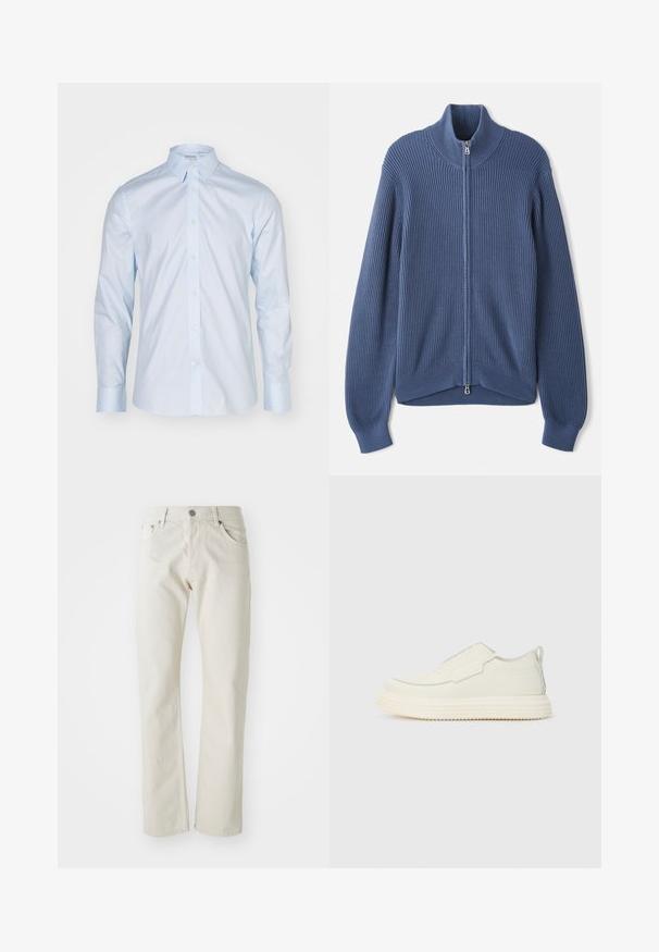Suéter azul de punto con un alto cuello, cremallera completa, textura acanalada y mangas ajustadas. Presenta un dobladillo curvado con un diseño sutil.; Camisa de manga larga azul clara con un cuello clásico, delantero abotonado y botones en contraste; hecha de una tela suave con un acabado nítido.; Vaqueros de color beige claro hechos de algodón, con un diseño de pierna recta, estilo de cinco bolsillos y cierre de botón metálico plateado.; Zapatilla slip-on en material texturizado color blanco roto con una suela gruesa y estriada. Presenta costuras mínimas y un sutil acento azul claro.