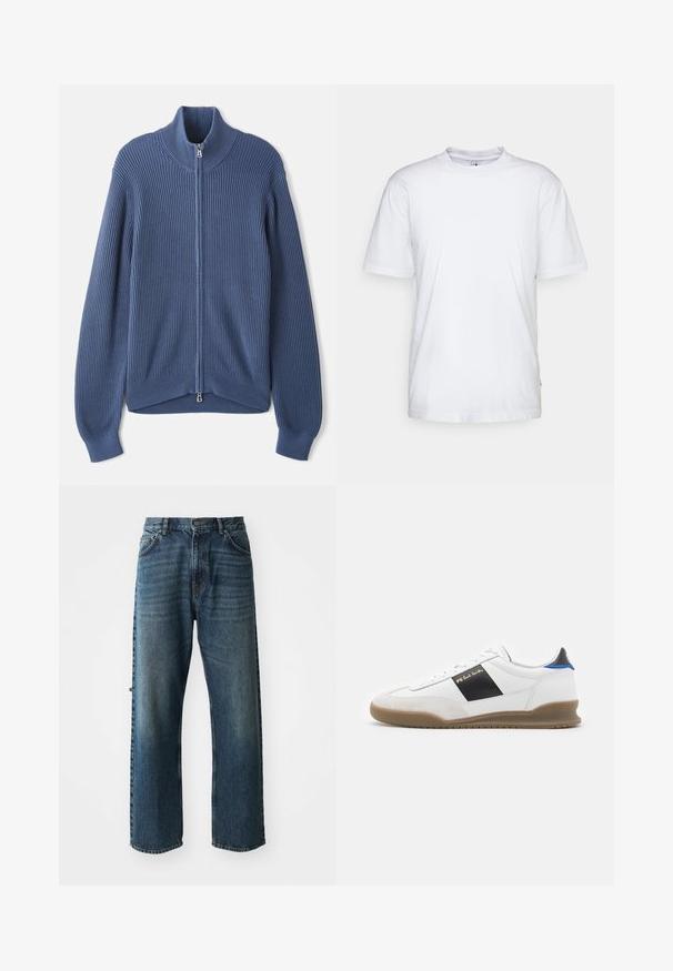 Pull en laine bleu tricoté avec un col haut, fermeture éclair intégrale, texture côtelée et manches ajustées. Caractérisé par un ourlet incurvé avec un design subtil.; T-shirt en coton blanc avec un col rond, des manches courtes et un ourlet droit. Présente une petite étiquette de marque sur la couture latérale gauche.; NN.07 OTIS - Jean droit - stonewashed; Basket blanche avec des accents noirs et bleus, dessus en suède et cuir, bout rond, semelle plate en caoutchouc, et détail de marque dorée sur le côté.
