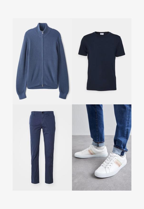 Strikket blå sweater med høj krave, fuld lynlås, ribbet tekstur og tætsiddende ærmer. Har en buet kant med et subtilt design.; Marineblå crew-neck t-shirt lavet af blødt stof. Korte ærmer med en klassisk pasform, der har et mærke ved halsen. Glat tekstur, minimalistisk design.; Mørkeblå bomulds chinos med lige bendesign, der har en enkelt knaplukning foran og sidelommer. Glat tekstur, klassisk pasform.; Hvide lædersneakers med multicolore striber, snørebåndsdesign, gummisål og polstret krave, parret med blå denimjeans.