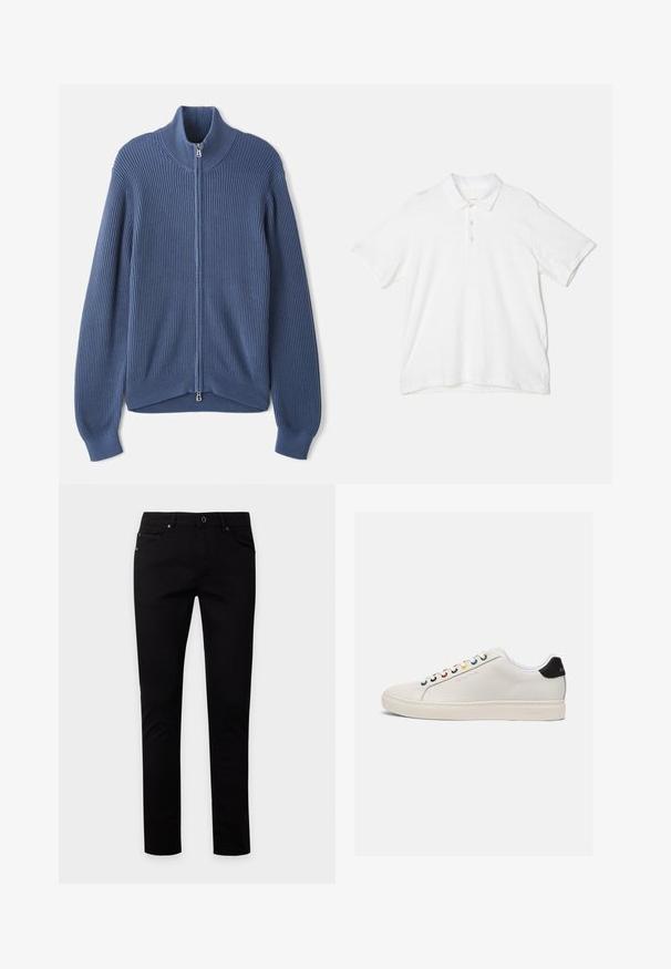 Pletený modrý sveter s vysokým golierom, plným zipsom, rebrovanou textúrou a priliehavými rukávmi. Obsahuje zakrivený lem s jemným dizajnom.; rag & bone CLASSIC FLAME - Polokošeľa - white; Čierne slim-fit džínsy s zapínaním na gombíky a zips, predné a zadné vrecká, zobrazené na jednoduchom svetlom pozadí.; Biele kožené tenisky so slabo zaoblenou špičkou, plochou podrážkou, viacfarebnými okami, čiernym pätkovým pútkom a embosovaným logom na boku.