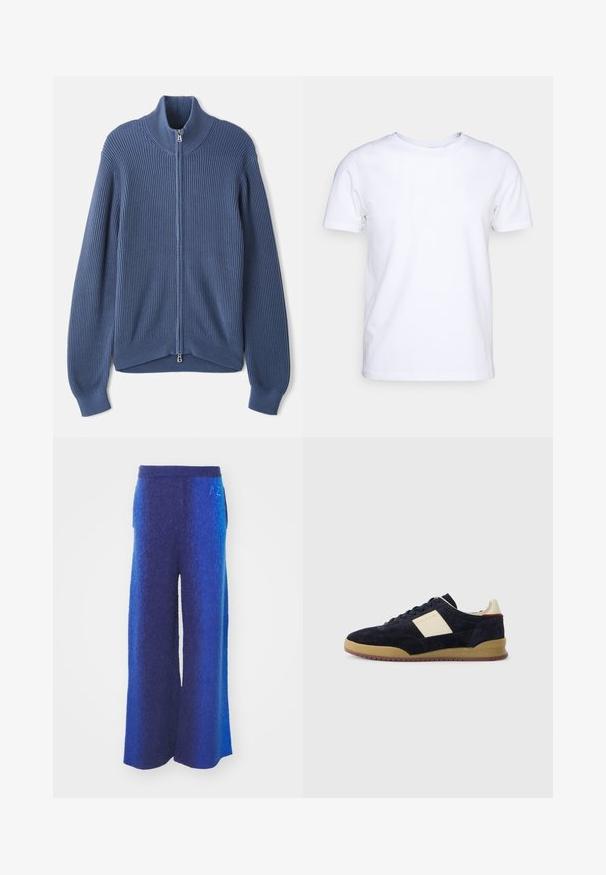 Pull en laine bleu tricoté avec un col haut, fermeture éclair intégrale, texture côtelée et manches ajustées. Caractérisé par un ourlet incurvé avec un design subtil.; T-shirt blanc à manches courtes en tissu de coton avec un col rond. Design simple sans motifs ni accents. Texture lisse.; Pantalons larges en dégradé de tons bleus, dotés d'un tissu texturé, d'une taille élastique et de poches latérales. Détail brodé subtil à la taille.; Baskets en daim bleu marine avec panneau latéral crème, semelle en gomme et lacets foncés, arborant le logo PS Paul Smith sur le côté et le talon.