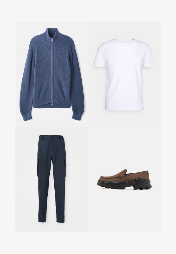 Strikket blå sweater med høj krave, fuld lynlås, ribbet tekstur og tætsiddende ærmer. Har en buet kant med et subtilt design.; Hvid kortærmet t-shirt i bomuldsstof med rund halsudskæring. Enkel design uden mønstre eller detaljer. Glat tekstur.; Marine cargo bukser med en tekstureret stof, slim fit, knaplukning i taljen og sidelommer for ekstra funktionalitet.; Brun ruskinds slip-on sko med en tykk sort gummisål, der har markante trækmønstre og et glat, afrundet tådesign.