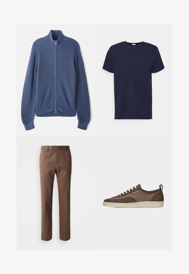 Suéter azul de punto con un alto cuello, cremallera completa, textura acanalada y mangas ajustadas. Presenta un dobladillo curvado con un diseño sutil.; Camiseta de manga corta azul marino hecha de tela suave. Presenta un cuello redondo y un corte recto sin patrones ni acentos.; Pantalones marrones con un corte ajustado, frente plano y dos bolsillos laterales. Están hechos de una tela suave con un acabado limpio y sin patrones visibles.; Zapatilla baja marrón con cordones blancos, suela beige, parte superior de tela y ante, lengüeta lateral y logo "Tiger of Sweden" en texto dorado.