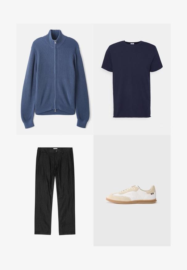 Pull en laine bleu tricoté avec un col haut, fermeture éclair intégrale, texture côtelée et manches ajustées. Caractérisé par un ourlet incurvé avec un design subtil.; T-shirt bleu marine à manches courtes fabriqué en tissu doux. Présente un col rond et une coupe droite sans motifs ni accents.; Pantalon droit pour homme noir avec bouton à l'avant, braguette à glissière et poches latérales, présenté à plat sur fond blanc.; Baskets blanches avec accents en daim beige clair, détails perforés, lacets plats et semelle en caoutchouc naturel. Présentent un logo rayé sur le talon.