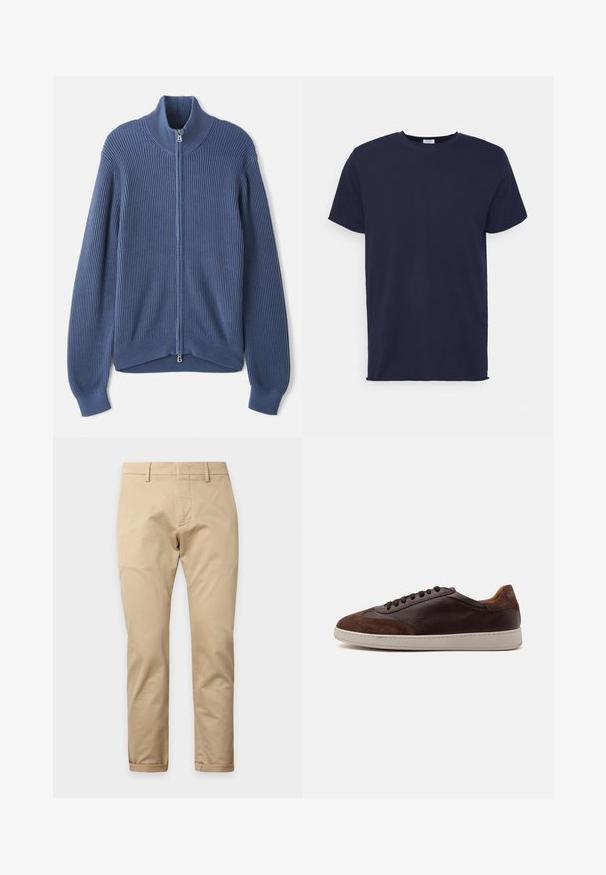 Strikket blå sweater med høj krave, fuld lynlås, ribbet tekstur og tætsiddende ærmer. Har en buet kant med et subtilt design.; Marineblå kortærmet t-shirt lavet af blødt stof. Har rund halsudskæring og en lige pasform uden mønstre eller accenter.; Beige bukser med lige ben, bæltestropper, lynlås foran og opsmøgede kanter på en ensartet lys baggrund.; Lavtop brune læder- og ruskindsneakers med mørkebrune snørebånd og en hvid gummisål set fra ydersiden.