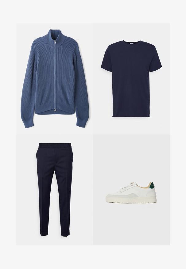 Strikket blå sweater med høj krave, fuld lynlås, ribbet tekstur og tætsiddende ærmer. Har en buet kant med et subtilt design.; Marineblå kortærmet t-shirt lavet af blødt stof. Har rund halsudskæring og en lige pasform uden mønstre eller accenter.; Marineblå bukser med en glat tekstur, featuring en elastisk talje og opfoldede manchetter, designet i en tapered fit med sidelommer.; Hvide sneakers med ruskindsdetaljer, rund tå, flade snørebånd og en cremet gummisål. Har grøn branding på hælen.