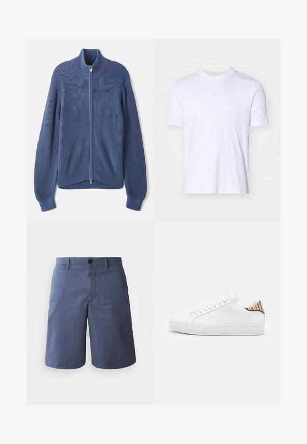 Strikket blå sweater med høj krave, fuld lynlås, ribbet tekstur og tætsiddende ærmer. Har en buet kant med et subtilt design.; Hvid bomulds T-shirt med ribbet rund halsudskæring, korte ærmer og normal pasform. Glat tekstur, ingen synlige mønstre eller detaljer.; Marineblå bomulds shorts med flad front, enkelt knaplukning, to sidelommer og lige ben. Glat tekstur, ingen synlige mønstre.; Hvide lædersneakers med en glat overflade, prydet med en farverig stribet detalje på hælen, guldøje og flad hvid sål.