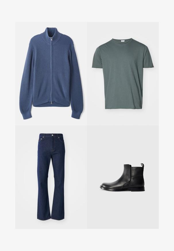 Strikket blå sweater med høj krave, fuld lynlås, ribbet tekstur og tætsiddende ærmer. Har en buet kant med et subtilt design.; Mørkegrøn crew-neck t-shirt, kortærmet, blødt stof, afslappet pasform, glat tekstur, ingen synlige mønstre eller accenter.; Flarvede mørkeblå jeans lavet af denim. Har fem lommer, en front lynlås og en metalknaplukning. Klassiske syninger som detaljer.; Sort læder ankelstøvle med rund tå, elastiske sidepaneler og en tekstureret bagside. Har en flad gummisål og strop til at trække i.