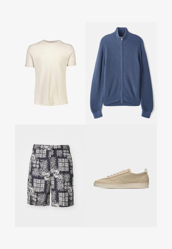 Strikket blå sweater med høj krave, fuld lynlås, ribbet tekstur og tætsiddende ærmer. Har en buet kant med et subtilt design.; Kortærmet T-shirt i lyse beige, lavet af blødt bomuld. Har en rund halsudskæring og en glat tekstur uden mønstre eller grafik.; Marineblå shorts med et hvidt paisley- og blomsterdesign, lavet af letvægtsstof med elastisk talje og snøre.; Beige lavtop sneakers med overdel i stof og ruskind, hvide snørebånd, gummisål og hælstrækkehank, vist i sideprofil på hvid baggrund.