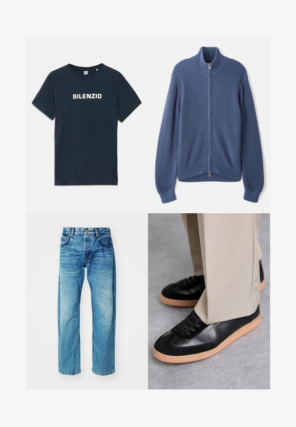 Gebreide blauwe trui met een hoge kraag, volledige rits, ribbeltextuur en aansluitende mouwen. Heeft een gebogen zoom met een subtiel ontwerp.; Navyblauwe katoenen T-shirt met korte mouwen en een ronde hals. Voorzien van "SILENZIO" in vetgedrukte witte tekst over de borst.; Blauwe denim jeans met een ontspannen pasvorm, voorzien van vijf zakken, een knopenfly, subtiele vervaging en een licht afgeknipte zoom.; Paul Smith COMO - Sneakers laag - black