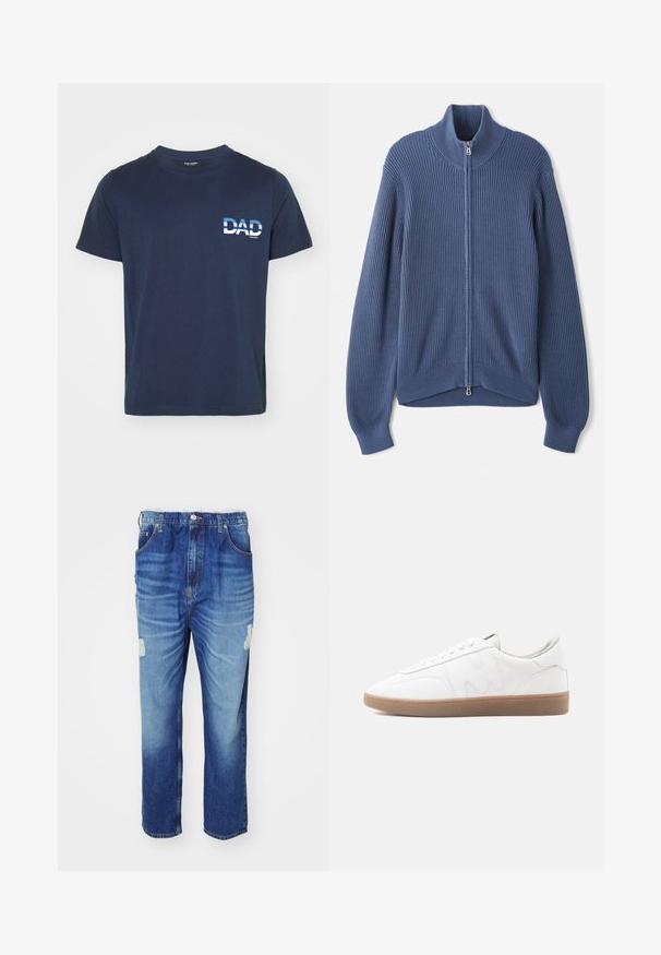 Strikket blå sweater med høj krave, fuld lynlås, ribbet tekstur og tætsiddende ærmer. Har en buet kant med et subtilt design.; Mørkeblå bomulds T-shirt med korte ærmer. Har en hvid grafisk tekst "DAD" på venstre side, i fed skrift. Enkel og afslappet design.; Blå denim jeans med en falmet vask, der har et slidt knæområde, fem lommer og en lige ben-design.; Hvid lav sneaker med gummisål i naturfarve, syninger og snørebånd på neutral baggrund.