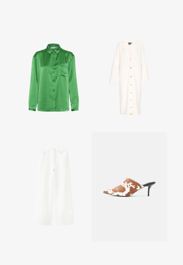 Hvid lang cardigan lavet af fuzzy materiale, med V-hals, drop skuldre, lange ærmer og seks guld-tone knapper foran.; Grøn satin skjorte med lange ærmer, knaplukning fortil, enkelt brystlomme og glat tekstur. Krave og manchetter matcher stoffet.; Hvide vidde cowboybukser med forlommer, bæltestropper og knaplukning i taljen.; Spids tå-mule med brun og hvid ko-print overdel og slank sort høj stilethæl på en lysegrå baggrund.
