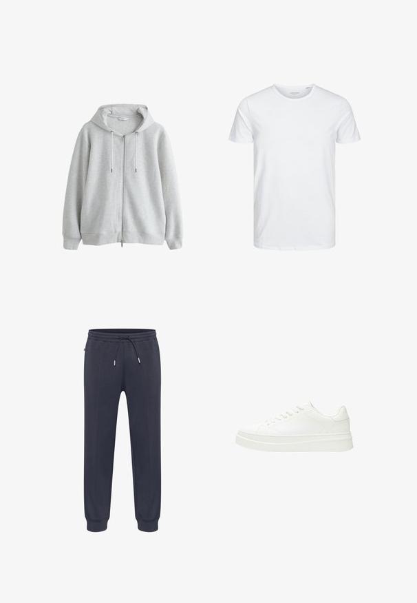 Next REGULAR FIT - LINEAR TEXTURE THROUGH HOODIE - Sweater met rits - grey marl; Ronde hals kortemouwen t-shirt in effen wit, gemaakt van zachte katoen, heeft een eenvoudig ontwerp zonder zichtbare patronen of accenten.; Donkerblauwe joggingbroek met elastische tailleband, verstelbaar trekkoord, zijzakken en aansluitende boorden. Gemaakt van zacht, lichtgewicht materiaal.; Witte sneaker met een glad leren bovenwerk, platte veters en een dikke rubberen zool. Minimalistisch ontwerp met subtiele stiksel en naadloze accenten.
