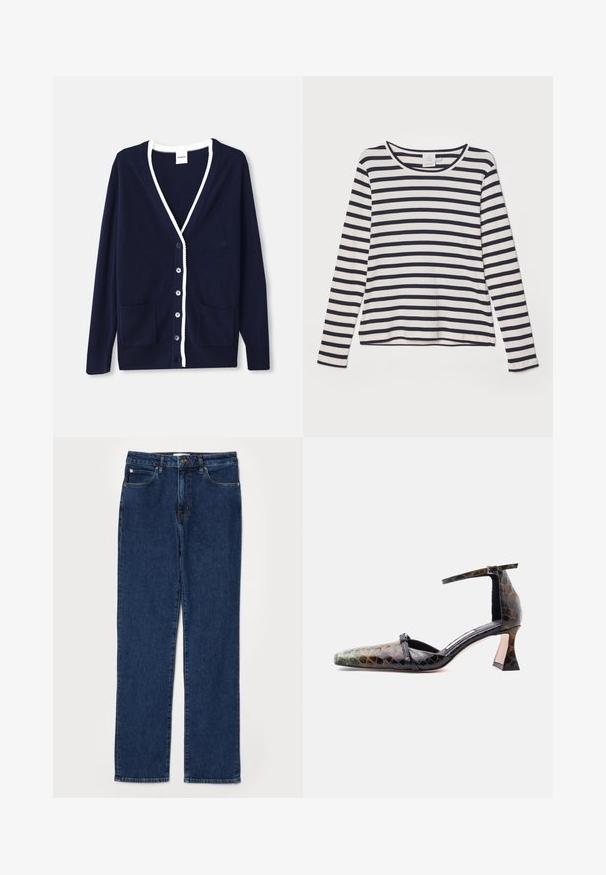 Marineblå cardigan lavet af blødt materiale, med V-hals, hvid kant, fem knapper og to forlommer. Klassisk design med subtile detaljer.; Langærmet skjorte i creme med marineblå vandrette striber, med rund halsudskæring, ribbet tekstur og afslappet pasform.; Denim jeans i mørkeblå farve, lige ben design, fem-lommer stil, med en robust talje og synlige syning detaljer.; Sort og brun krokodilletekstureret læder højhælet sko med spids tå og ankelrem, set fra siden på hvidt baggrund.