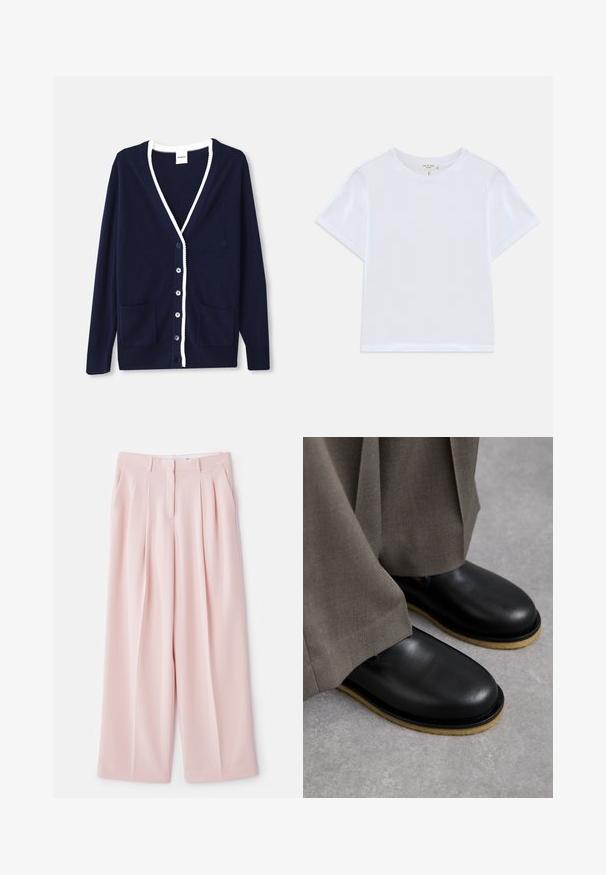 Cardigan marine en matériau doux, avec un col en V, des bordures blanches, cinq boutons et deux poches avant. Design classique avec des accents subtils.; T-shirt blanc court en coton doux, avec un col rond et des manches courtes, d'ajustement légèrement décontracté. Pas de motifs ni d'accents.; Pantalons larges rose pâle avec des plis avant, une taille structurée et une finition en tissu lisse. Comprend deux poches latérales.; Chaussures en cuir noir à bout rond, semelle plate et semelle extérieure contrastante brun clair, associées à des pantalons gris amples.