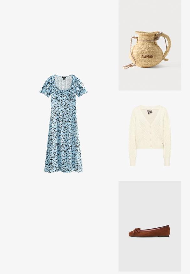 Roomkleurige kabelgebreide cardigan met lange mouwen, V-hals, knopen aan de voorkant en geribbelde boorden en zoom.; Lichtblauwe midi-jurk met zwart bloemenpatroon, korte pofmouwen, gerimpelde bust en ronde halslijn.; Bruine suède balletschoen met een ronde neus, voorzien van een decoratieve knoop aan de voorkant en een contrasterende roze binnenvoering. Platte zool.; Ronde gevlochten strohandtas met een handvat van touw en "ALEMAIS" geborduurd aan de zijkant in bruine draad.