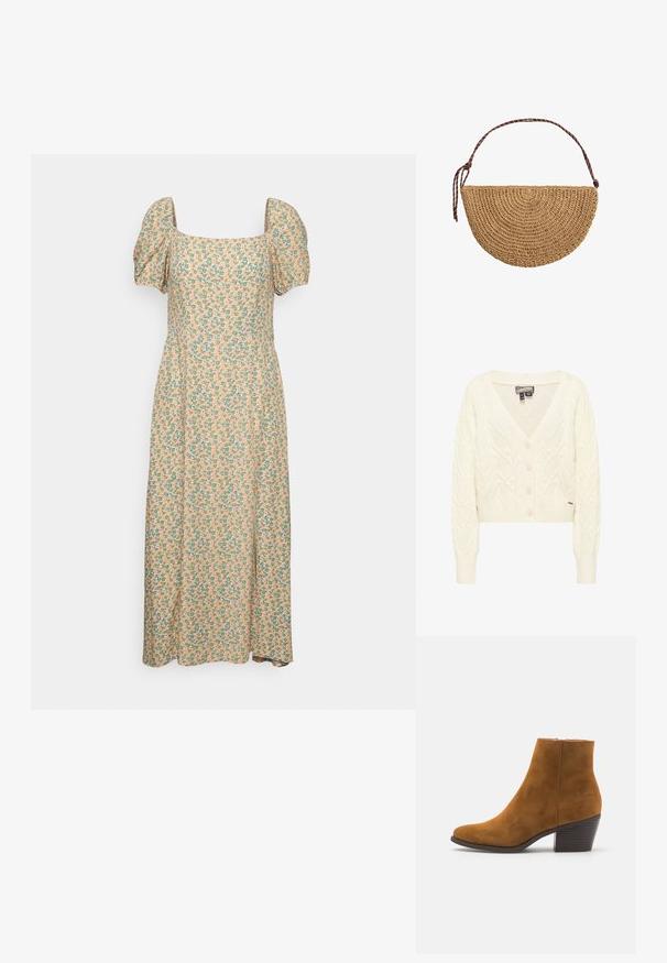Kremfarvet cable-strikket cardigan med lange ærmer, V-udskæring, knapper foran og ribstrikkede manchetter og kant.; Even&Odd by Zalando Hverdagskjole - green/pink; Brune ruskind ankelstøvle med spids tå og stablet hæl. Glat tekstur med lynlås i siden til lukning. Klassisk design og form.; Halvmåneformet håndtaske af flettet strå med en brun justerbar skulderrem, der er bundet i den ene ende, på hvid baggrund.