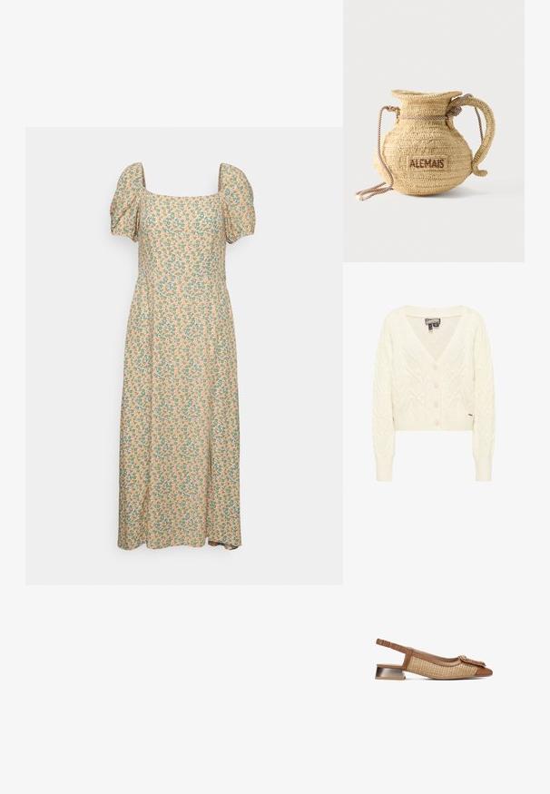 Roomkleurige kabelgebreide cardigan met lange mouwen, V-hals, knopen aan de voorkant en geribbelde boorden en zoom.; Even&Odd Jurk - green/pink; Bruine slingback schoen met geweven textuur en glad leer. Kenmerkt zich door een platte metallic hak en een decoratieve gedraaide details bij de tenen.; Ronde gevlochten strohandtas met een handvat van touw en "ALEMAIS" geborduurd aan de zijkant in bruine draad.