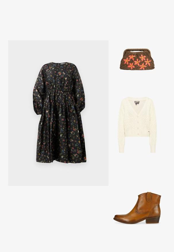 Kremfarvet cable-strikket cardigan med lange ærmer, V-udskæring, knapper foran og ribstrikkede manchetter og kant.; Sort blomsterkjole med lange ærmer, indsnævret talje og lagdelt nederdel. Har et farverigt blomsterprint og en glat stoftekstur.; Brune læder ankelstøvle med en lav blokhæl. Har stikninger på tå og en dekorativ søm langs kraven.; Brun vævet håndtaske med indbygget håndtag, dekoreret med syv koralpink og gule blomster-appliceringer på forsiden.
