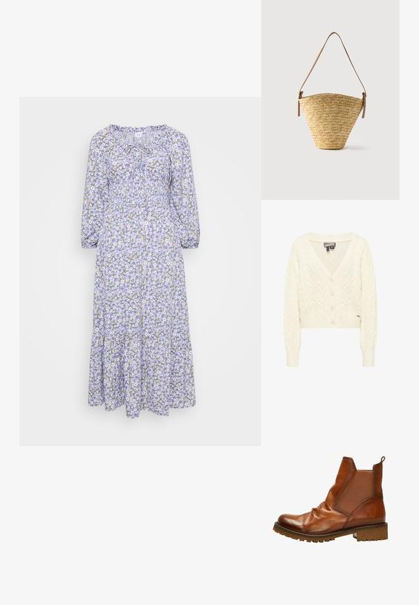 Hellbeigefarbener, kabelgestrickter Cardigan mit langen Ärmeln, V-Ausschnitt, Knöpfen vorne sowie gerippten Bündchen und Saum.; Blumenkleid mit lilafarbener Basis, verziert mit weißen und gelben Blumen. Lange Ärmel, gesammelter Ausschnitt und gestufter Saum. Leichtes Material.; Braune Leder-Ankle-Boots mit abgerundetem Zeh, elastischen Seitenpaneelen und strukturiertem Gummisohle mit einem leichten Absatz. Logo an der Ferse.; Geflochtene Strohtasche in Eimerform mit breiter Basis, schmaler Oberseite und verstellbarem braunem Leder-Schulterriemen.