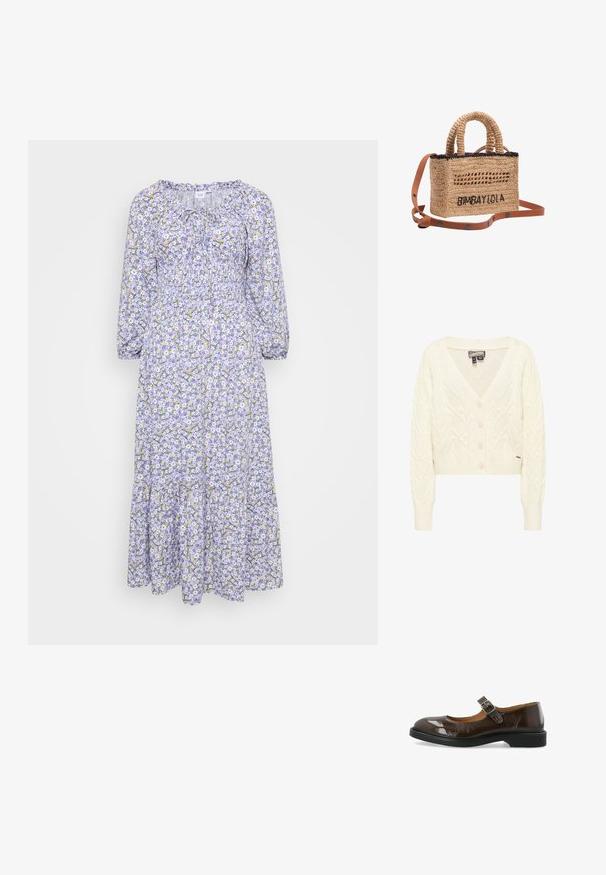 Roomkleurige kabelgebreide cardigan met lange mouwen, V-hals, knopen aan de voorkant en geribbelde boorden en zoom.; Bloemige jurk met een lila basis, met witte en gele bloemen. Lange mouwen, geplooide halslijn en gelaagde zoom. Lichtgewicht stof.; Donkerbruine gepatineerde leren Mary Jane-schoen met een ronde neus, zilveren gespband en lage zwarte hak, tentoongesteld op een witte achtergrond.; Gevlochten strohandtas met korte handvatten, zwarte afwerking, zwart geborduurde tekst "BIMBA Y LOLA" en afneembare bruine leren riem met knopdetails.