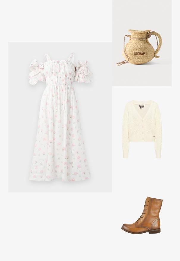 Kremfarvet cable-strikket cardigan med lange ærmer, V-udskæring, knapper foran og ribstrikkede manchetter og kant.; Hvid blomsterkjole med pink rosetter, smocket liv, skulderfri puffærmer og en svævende silhuet.; Brune læder ankelstøvler med en glat overflade, rund tå, seks snørehuller og et subtilt præget logo på hælen.; Rund flettet stråtaske med håndtag af reb og "ALEMAIS" broderet på siden med brunt garn.