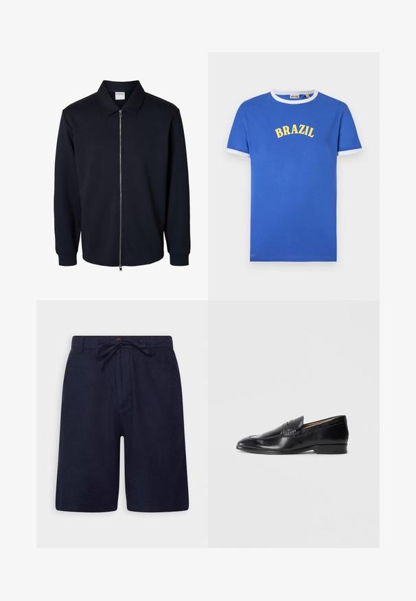 Herren schwarze Jacke mit Reißverschluss, langen Ärmeln, spitzem Kragen und gerippten Bündchen, gezeigt auf weißem Hintergrund.; Blaues kurzärmeliges T-Shirt mit weißem Kragen und Ärmelenden, mit gelbem Schriftzug „BRAZIL“ auf der Brust.; Marineblaue Shorts aus einem leichten Stoff, mit einem Kordelzugbund, einem Knopfverschluss und seitlichen Taschen. Glatte Textur und taillierte Passform.; Schwarze Lederloafers mit glatter Oberfläche, spitzem Zehenbereich und subtilen Steppdetails. Verfügt über einen flachen Absatz und ein eingeprägtes Logo an der Seite.